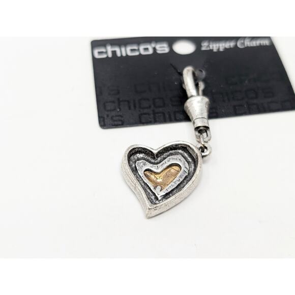 Chico's Zipper Charm Silver Gold Tone Heart New - Picture 3 of 4